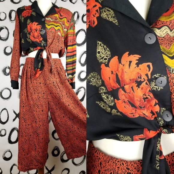Vintage Pants - Vintage 80s 2 Piece Set Culottes Pants Cropped Top